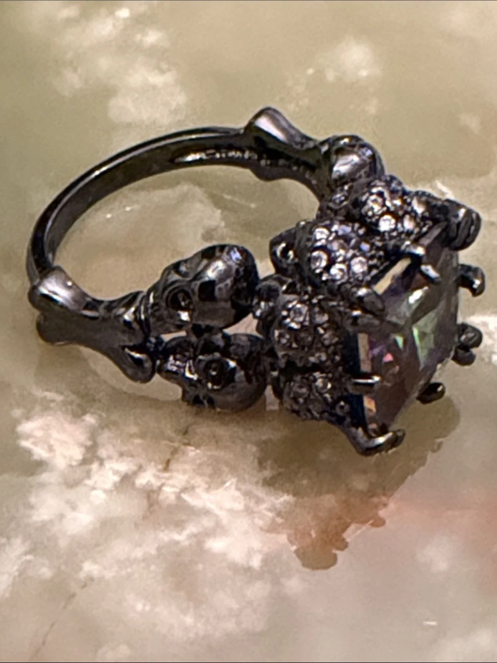 Square Cut Cocktail Ring - Black Metal & Iridescent Crystal - Size 6 US